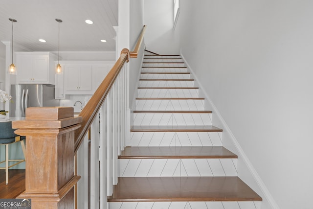 435 New St, Macon, GA 31201 - staircase with recessed lighting, baseboards, and wood finished floors