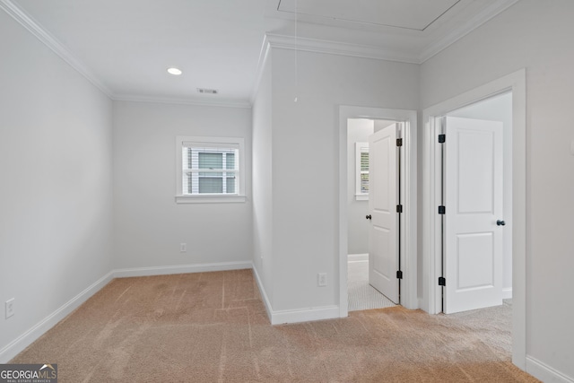 435 New St, Macon, GA 31201 - unfurnished bedroom with attic access, carpet floors, crown molding, baseboards, and recessed lighting