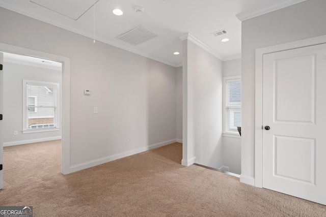 435 New St, Macon, GA 31201 - corridor featuring attic access, carpet floors, ornamental molding, baseboards, and recessed lighting