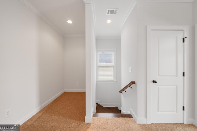 435 New St, Macon, GA 31201 - staircase featuring carpet, crown molding, baseboards, and recessed lighting