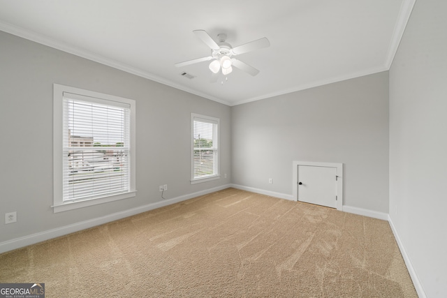 435 New St, Macon, GA 31201 - unfurnished room featuring ornamental molding, light colored carpet, baseboards, and ceiling fan