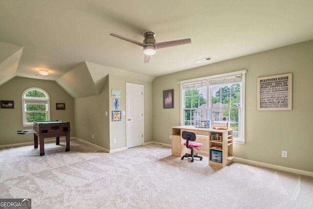 6695 Buckingham Cir, Cumming, GA 30040 - carpeted office with ceiling fan, pool table, and vaulted ceiling