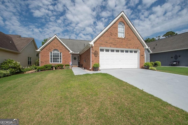 215 Fairway Ct, Newnan, GA 30265 - traditional-style house with brick siding, driveway, a front lawn, and a garage