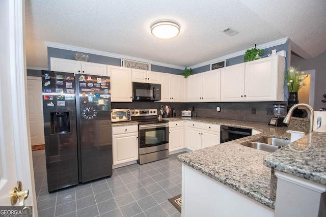 215 Fairway Ct, Newnan, GA 30265 - kitchen featuring black appliances, a sink, ornamental molding, a textured ceiling, and light stone counters