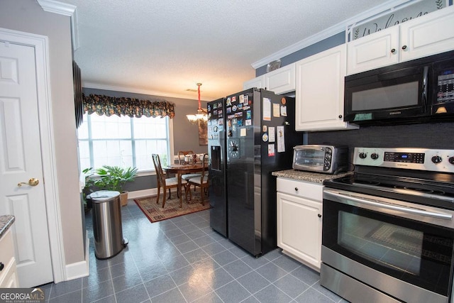 215 Fairway Ct, Newnan, GA 30265 - kitchen featuring black microwave, stainless steel range with electric cooktop, refrigerator with ice dispenser, crown molding, and baseboards