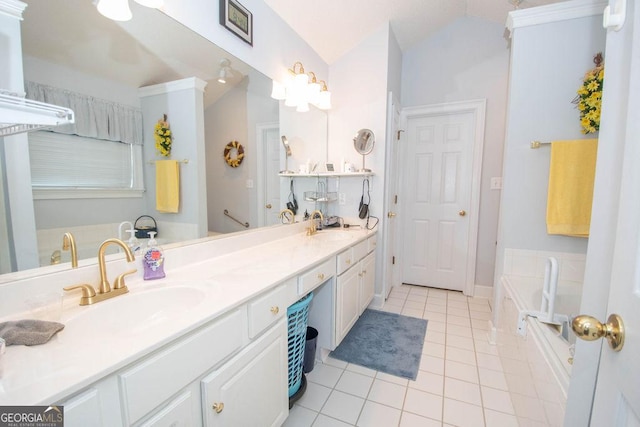 215 Fairway Ct, Newnan, GA 30265 - bathroom with tile patterned flooring, a garden tub, double vanity, and lofted ceiling