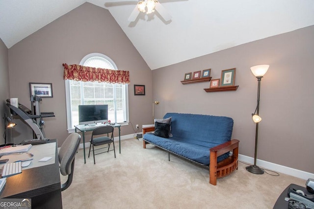 215 Fairway Ct, Newnan, GA 30265 - office space featuring light carpet, a ceiling fan, baseboards, and high vaulted ceiling