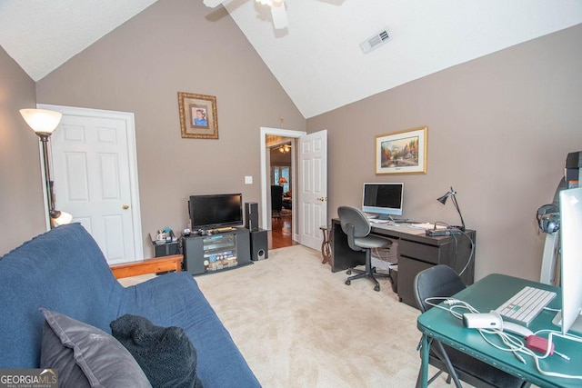 215 Fairway Ct, Newnan, GA 30265 - office space featuring high vaulted ceiling, light colored carpet, and ceiling fan