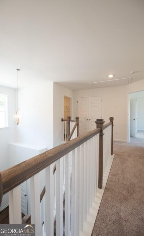 280 River Run Dr Unit 79, Dallas, GA 30132 - hallway with an upstairs landing, light carpet, attic access, and recessed lighting