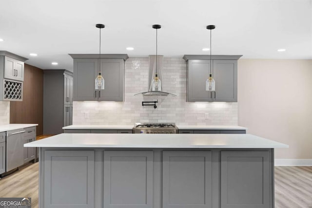 1120 Taliwa Trl NE, Marietta, GA 30068 - kitchen with gray cabinetry, wall chimney exhaust hood, dishwasher, decorative backsplash, and recessed lighting