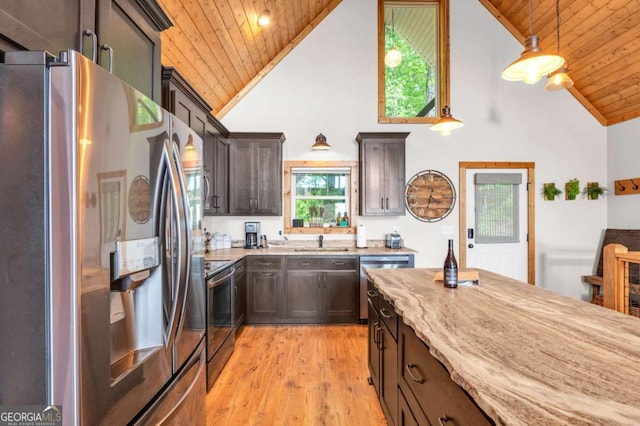 191 Rimrock Rd Unit 63, Jasper, GA 30143 - kitchen with appliances with stainless steel finishes, wooden ceiling, high vaulted ceiling, light wood finished floors, and light stone counters