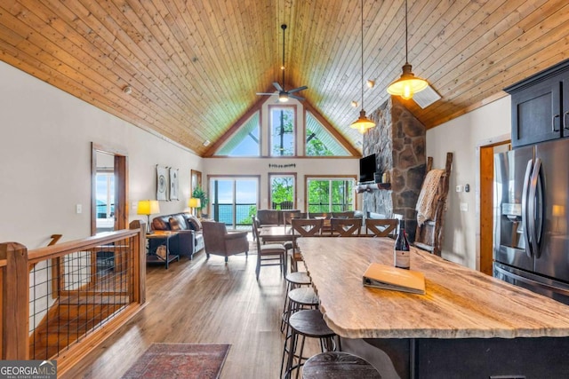 191 Rimrock Rd Unit 63, Jasper, GA 30143 - dining room with ceiling fan, wood finished floors, high vaulted ceiling, and wooden ceiling