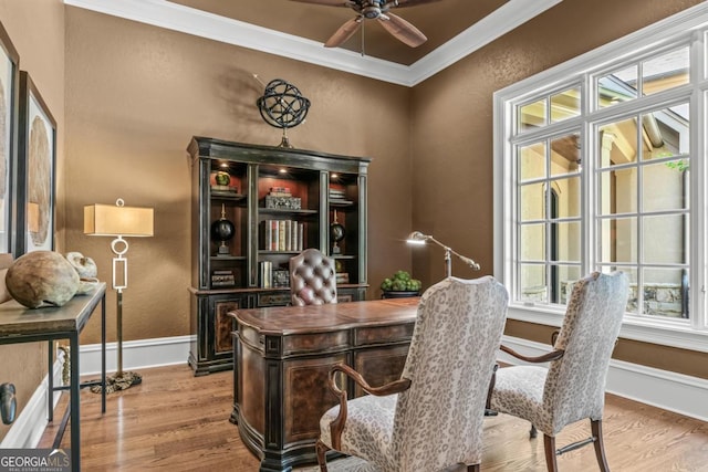 1031 Sugar Run, Greensboro, GA 30642 - home office with wood finished floors, crown molding, ceiling fan, and a textured wall