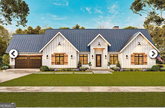 0 Millstone Creek Rd, Elberton, GA 30635 - modern inspired farmhouse featuring board and batten siding, an attached garage, concrete driveway, a front lawn, and a chimney