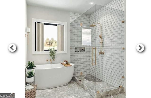 0 Millstone Creek Rd, Elberton, GA 30635 - bathroom featuring a freestanding tub, a stall shower, and marble look tiles