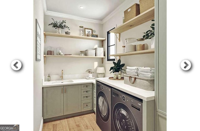 0 Millstone Creek Rd, Elberton, GA 30635 - laundry room with separate washer and dryer, cabinet space, ornamental molding, and light wood-style floors