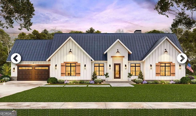 0 Millstone Creek Rd, Elberton, GA 30635 - modern inspired farmhouse featuring board and batten siding, an attached garage, a lawn, a metal roof, and concrete driveway