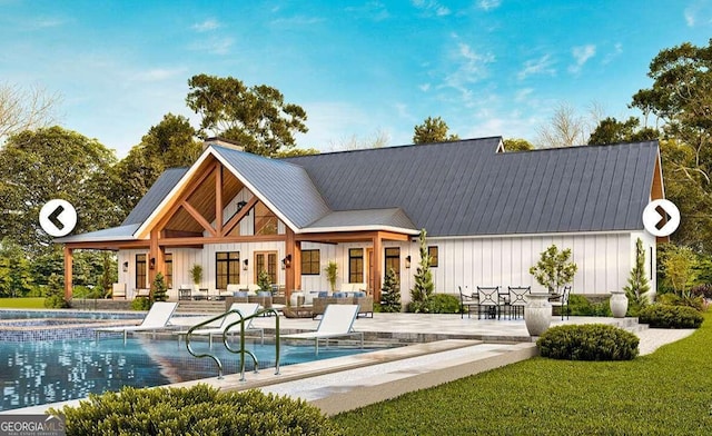 0 Millstone Creek Rd, Elberton, GA 30635 - rear view of property featuring a patio, an outdoor pool, a metal roof, and an outdoor hangout area