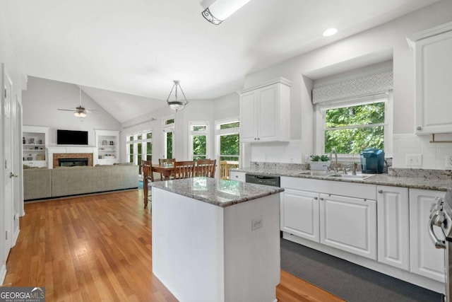 117 Willow View Ln, Canton, GA 30114 - kitchen with healthy amount of natural light, ceiling fan, a kitchen island, white cabinets, and vaulted ceiling