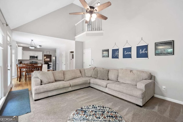 117 Willow View Ln, Canton, GA 30114 - living area with high vaulted ceiling and a ceiling fan