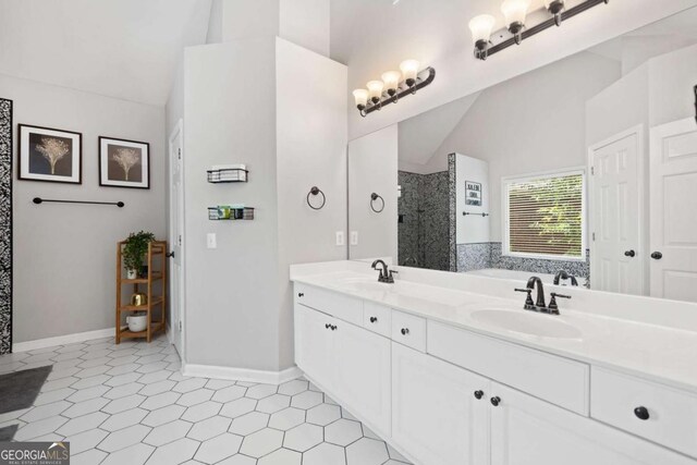 117 Willow View Ln, Canton, GA 30114 - full bathroom featuring lofted ceiling, a tile shower, a bath, and double vanity