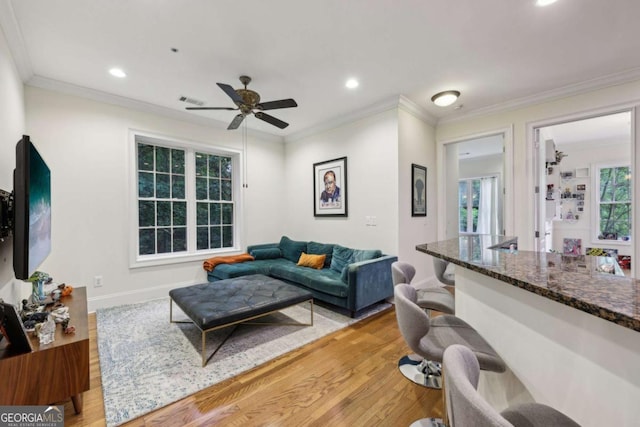 3280 Stillhouse Ln SE Unit 212, Atlanta, GA 30339 - living room with light wood-type flooring, recessed lighting, ceiling fan, and ornamental molding