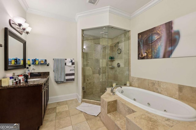 3280 Stillhouse Ln SE Unit 212, Atlanta, GA 30339 - bathroom with a stall shower, a tub with jets, vanity, ornamental molding, and tile patterned floors