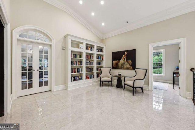 3280 Stillhouse Ln SE Unit 212, Atlanta, GA 30339 - living area featuring french doors, ornamental molding, marble tiled flooring, recessed lighting, and high vaulted ceiling
