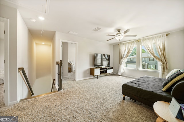 4720 Dufour Dr, Lilburn, GA 30047 - carpeted living room featuring attic access and ceiling fan