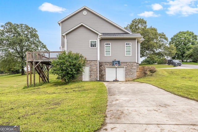 23 Raleigh Dr, Lafayette, GA 30728 - view of side of home featuring stairway, driveway, an attached garage, stone siding, and a deck