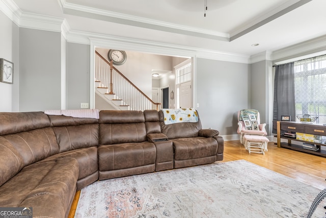 23 Raleigh Dr, Lafayette, GA 30728 - living room with wood finished floors, stairs, crown molding, a raised ceiling, and baseboards
