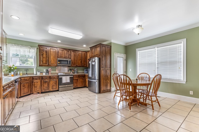 23 Raleigh Dr, Lafayette, GA 30728 - kitchen featuring stainless steel appliances, ornamental molding, recessed lighting, baseboards, and light tile patterned floors