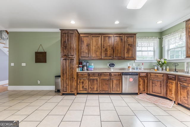 23 Raleigh Dr, Lafayette, GA 30728 - kitchen featuring stainless steel dishwasher, crown molding, a sink, baseboards, and recessed lighting