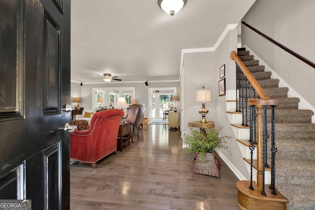4320 Oklahoma Way NW, Kennesaw, GA 30152 - entryway featuring stairway, wood finished floors, crown molding, a ceiling fan, and baseboards