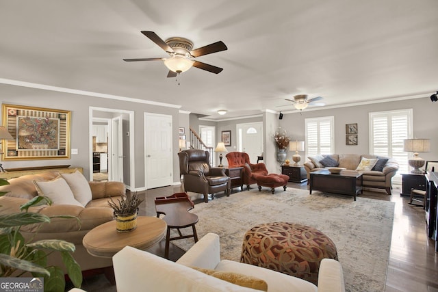 4320 Oklahoma Way NW, Kennesaw, GA 30152 - living area featuring a ceiling fan, crown molding, dark wood finished floors, and stairs