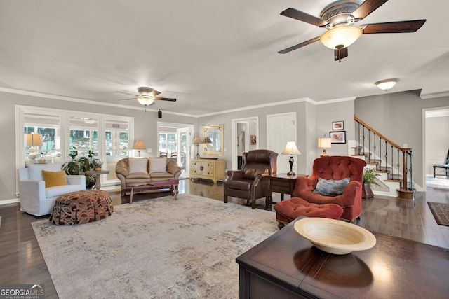 4320 Oklahoma Way NW, Kennesaw, GA 30152 - living area with ceiling fan, dark wood-style floors, stairs, crown molding, and baseboards