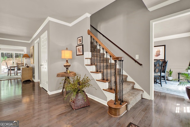 4320 Oklahoma Way NW, Kennesaw, GA 30152 - stairs featuring wood finished floors, baseboards, and ornamental molding