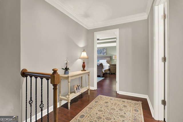 4320 Oklahoma Way NW, Kennesaw, GA 30152 - hall featuring dark wood-style flooring, crown molding, an upstairs landing, and baseboards
