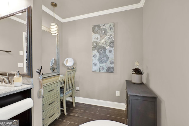 4320 Oklahoma Way NW, Kennesaw, GA 30152 - bathroom with wood tiled floors, vanity, ornamental molding, baseboards, and toilet
