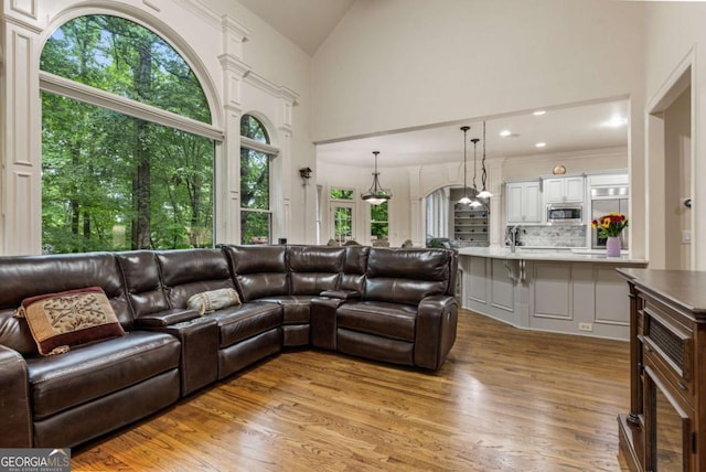 8970 Moor Park Run, Duluth, GA 30097 - living room with light wood-style floors and high vaulted ceiling