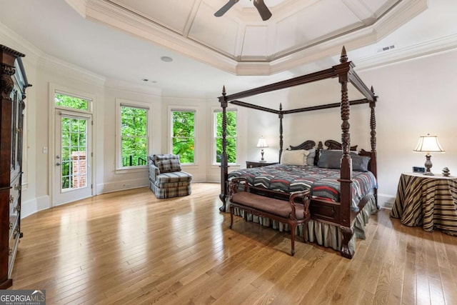8970 Moor Park Run, Duluth, GA 30097 - bedroom with ornamental molding, hardwood / wood-style floors, coffered ceiling, access to exterior, and a ceiling fan