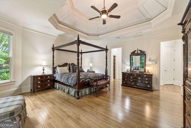 8970 Moor Park Run, Duluth, GA 30097 - bedroom featuring ornamental molding, wood-type flooring, coffered ceiling, and a ceiling fan