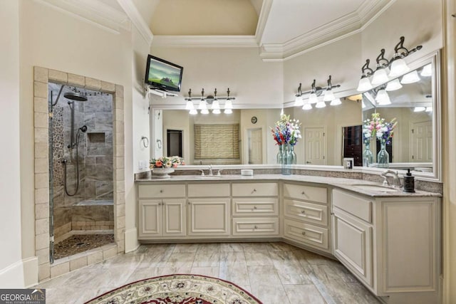 8970 Moor Park Run, Duluth, GA 30097 - full bathroom with double vanity, a tile shower, ornamental molding, and marble finish flooring