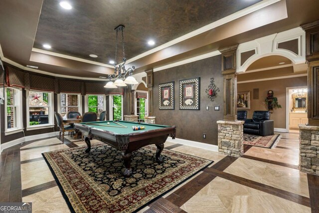 8970 Moor Park Run, Duluth, GA 30097 - rec room with ornate columns, inlaid floor details, a raised ceiling, ornamental molding, and recessed lighting
