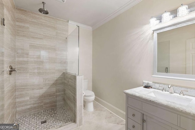8970 Moor Park Run, Duluth, GA 30097 - bathroom featuring crown molding, vanity, and a stall shower