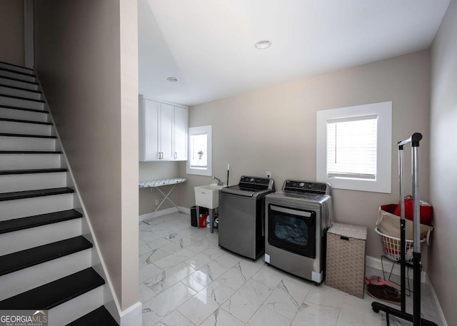 1270 Mccannon Morris Rd, Hull, GA 30646 - laundry area with washing machine and dryer, cabinet space, light marble finish floors, baseboards, and recessed lighting