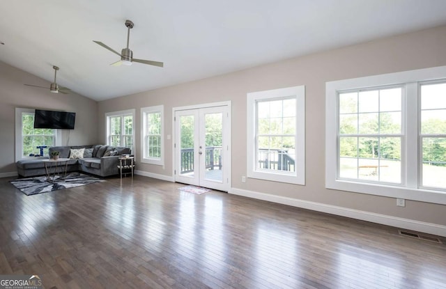 1270 Mccannon Morris Rd, Hull, GA 30646 - living area with a ceiling fan, dark wood-style flooring, vaulted ceiling, french doors, and baseboards