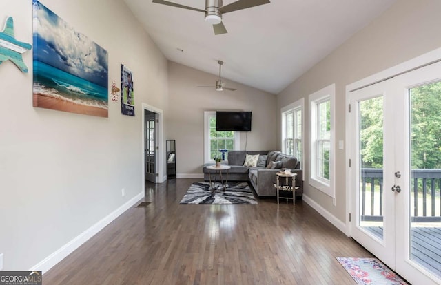 1270 Mccannon Morris Rd, Hull, GA 30646 - living area featuring a ceiling fan, french doors, lofted ceiling, hardwood / wood-style flooring, and baseboards