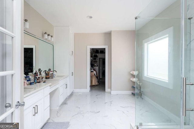 1270 Mccannon Morris Rd, Hull, GA 30646 - full bath with vanity, a spacious closet, a stall shower, marble finish floors, and baseboards