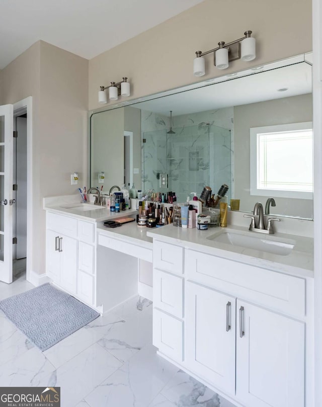 1270 Mccannon Morris Rd, Hull, GA 30646 - bathroom with a marble finish shower, vanity, and marble look tile flooring